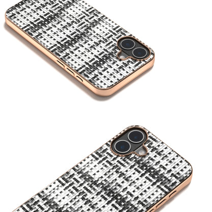 For iPhone 16 Plus Electroplated Frame Color Lattice Texture PU Phone Case(Black) - iPhone 16 Plus Cases by buy2fix | Online Shopping UK | buy2fix