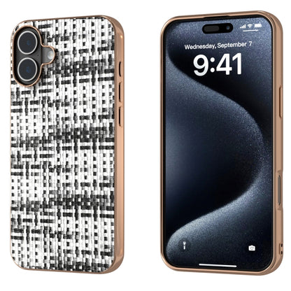 For iPhone 16 Electroplated Frame Color Lattice Texture PU Phone Case(Black) - iPhone 16 Cases by buy2fix | Online Shopping UK | buy2fix