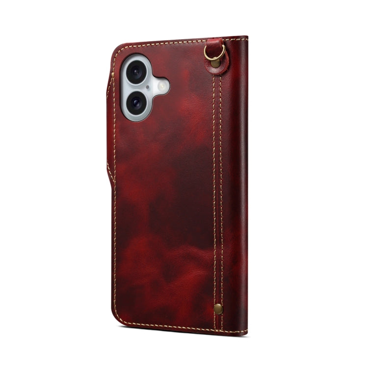 For iPhone 16 Denior B01 Oil Wax Cowhide Magnetic Button Genuine Leather Case(Red) - iPhone 16 Cases by Denior | Online Shopping UK | buy2fix