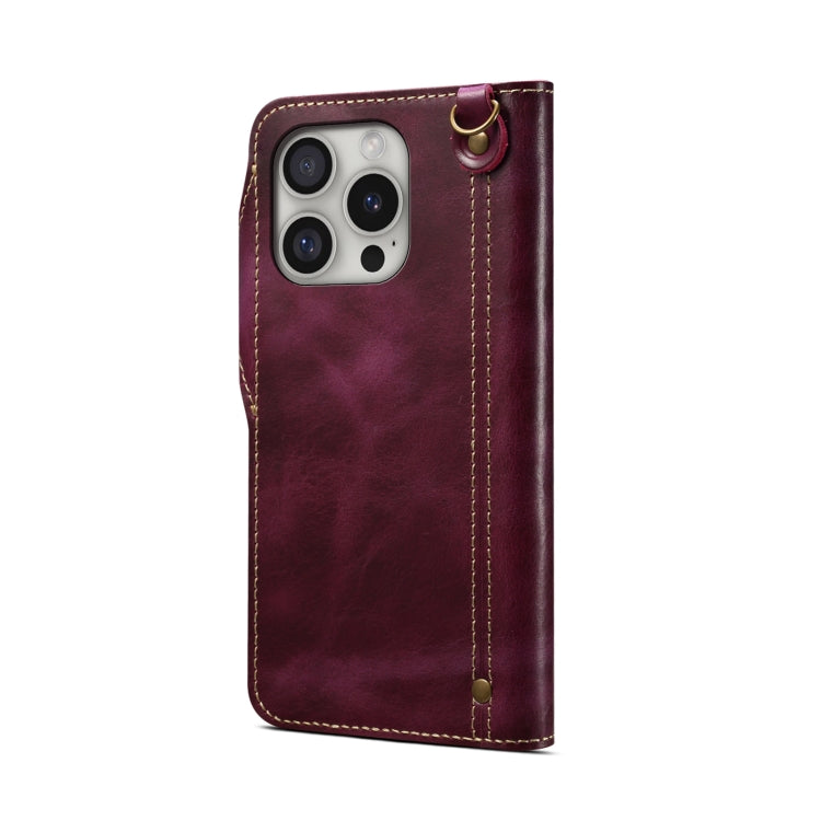 For iPhone 16 Pro Denior B01 Oil Wax Cowhide Magnetic Button Genuine Leather Case(Purple) - iPhone 16 Pro Cases by Denior | Online Shopping UK | buy2fix