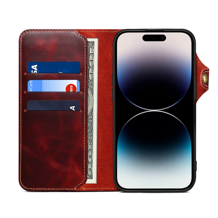 For iPhone 16 Pro Max Denior B01 Oil Wax Cowhide Magnetic Button Genuine Leather Case(Red) - iPhone 16 Pro Max Cases by Denior | Online Shopping UK | buy2fix