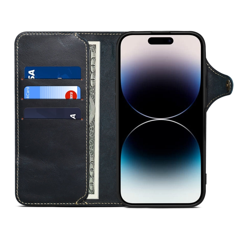 For iPhone 16 Pro Max Denior B01 Oil Wax Cowhide Magnetic Button Genuine Leather Case(Blue) - iPhone 16 Pro Max Cases by Denior | Online Shopping UK | buy2fix