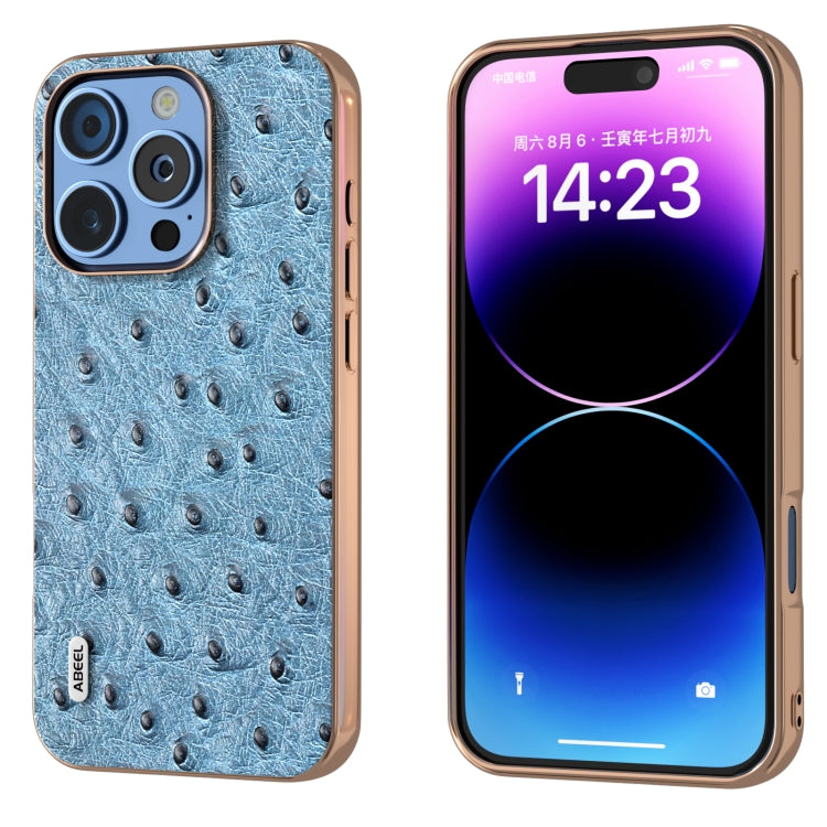 For iPhone 16 Pro Max ABEEL Electroplating Frame Genuine Leather Ostrich Texture Phone Case(Dark Blue) - iPhone 16 Pro Max Cases by buy2fix | Online Shopping UK | buy2fix