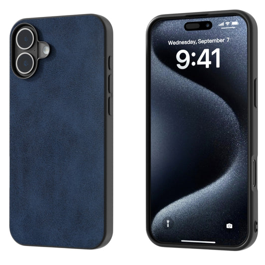 For iPhone 16 Plus Black Frame Two-color Calf Texture PU Phone Case(Blue) - iPhone 16 Plus Cases by buy2fix | Online Shopping UK | buy2fix