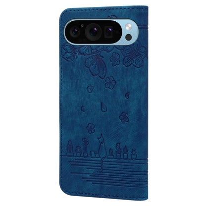 For Google Pixel 9 Pro XL Cartoon Sakura Cat Embossed Leather Phone Case(Blue) - Google Cases by buy2fix | Online Shopping UK | buy2fix