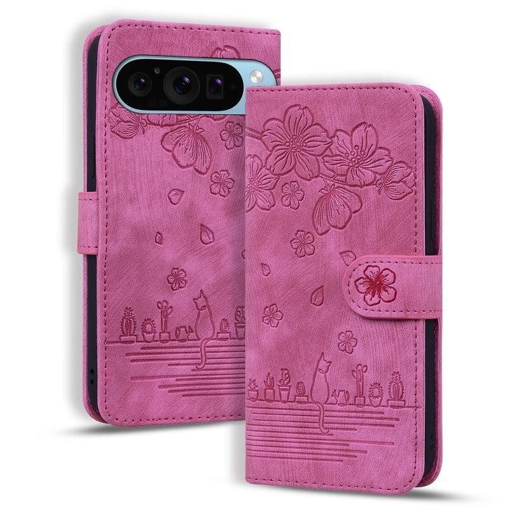 For Google Pixel 9 Pro XL Cartoon Sakura Cat Embossed Leather Phone Case(Rose Red) - Google Cases by buy2fix | Online Shopping UK | buy2fix