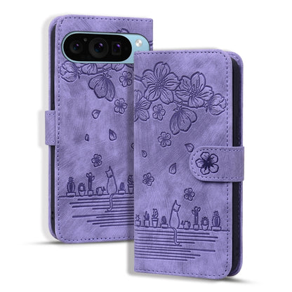 For Google Pixel 9 Pro XL Cartoon Sakura Cat Embossed Leather Phone Case(Purple) - Google Cases by buy2fix | Online Shopping UK | buy2fix