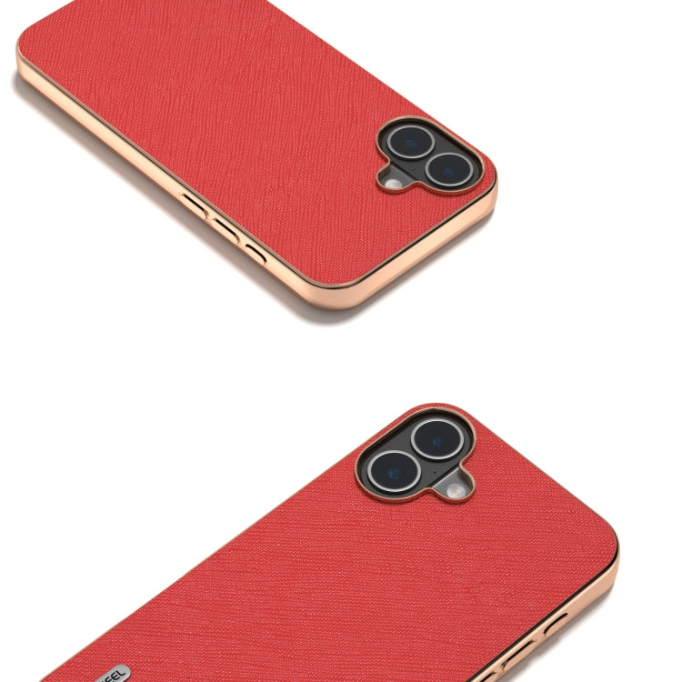 For iPhone 16 Plus ABEEL Electroplating Frame Cross Texture Genuine Leather Phone Case(Red) - iPhone 16 Plus Cases by buy2fix | Online Shopping UK | buy2fix