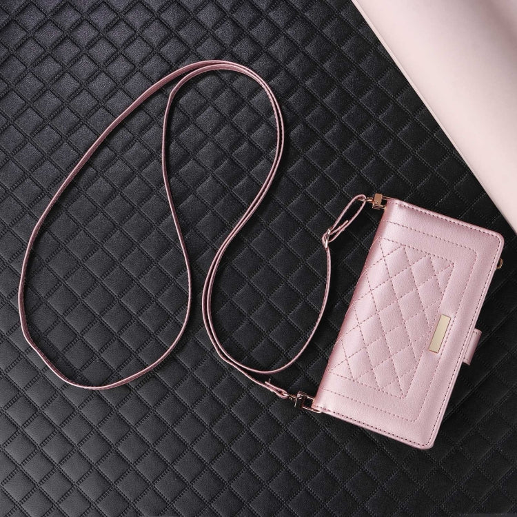 For iPhone 16 Pro Crossbody Zipper Wallet Rhombus Leather Phone Case(Rose Gold) - iPhone 16 Pro Cases by buy2fix | Online Shopping UK | buy2fix