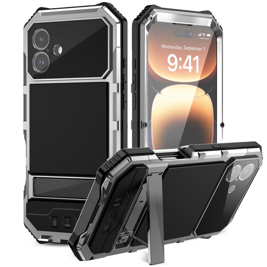 For iPhone 16 Plus R-JUST Life Waterproof Dustproof Shockproof Holder Phone Case(Silver) - iPhone 16 Plus Cases by R-JUST | Online Shopping UK | buy2fix