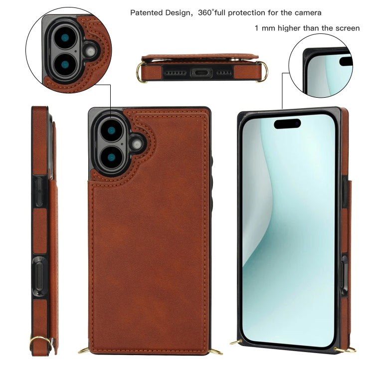 For iPhone 16 Cross-body Square Dual-Buckle Card Flip Wallet Phone Case(Brown) - iPhone 16 Cases by buy2fix | Online Shopping UK | buy2fix