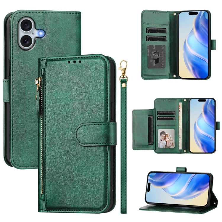 For iPhone 16 Plus Multi-Card Slots Zipper Wallet Leather Phone Case(Green) - iPhone 16 Plus Cases by buy2fix | Online Shopping UK | buy2fix