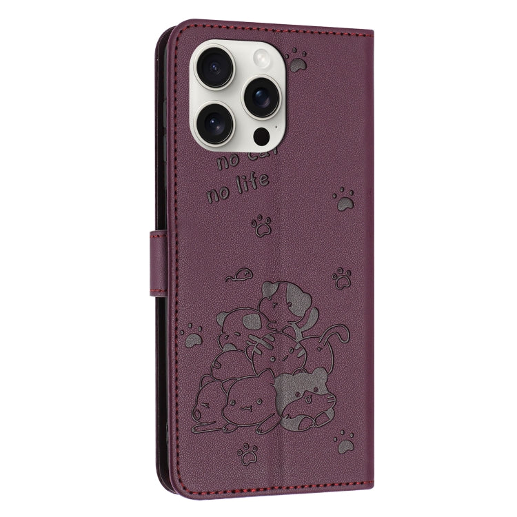 For iPhone 16 Pro Embossed Kitten Phone Leather Case with Lanyard(Wine Red) - iPhone 16 Pro Cases by buy2fix | Online Shopping UK | buy2fix