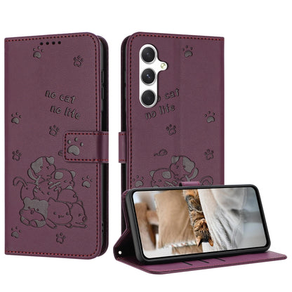 For Samsung Galaxy S25+ / S24+ 5G Embossed Kitten Phone Leather Case with Lanyard(Wine Red) - Galaxy S24+ 5G Cases by buy2fix | Online Shopping UK | buy2fix