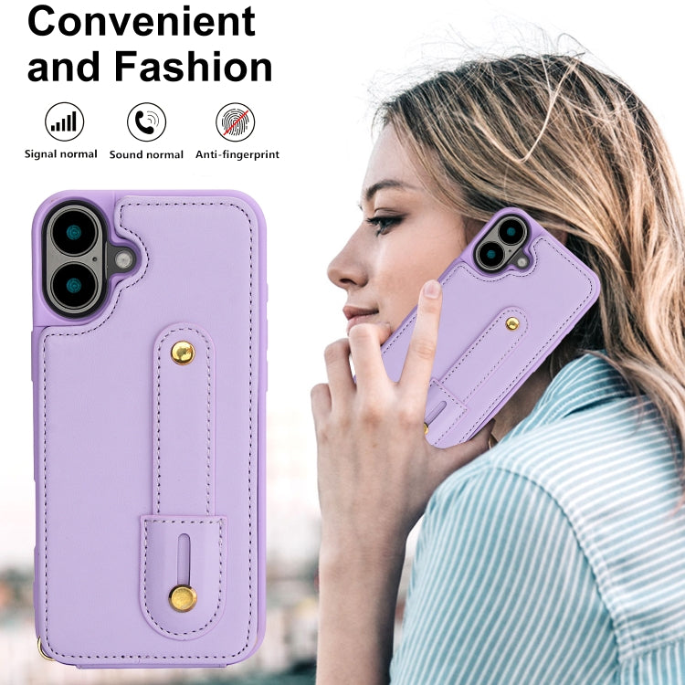 For iPhone 16 Plus Wristband Vertical Flip Wallet Back Cover Phone Case with Long Lanyard(Purple) - iPhone 16 Plus Cases by buy2fix | Online Shopping UK | buy2fix