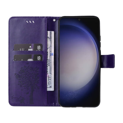 For Samsung Galaxy S25 / S24 5G Tree & Cat Embossed Pattern Flip Leather Phone Case(Purple) - Galaxy S25 5G Cases by buy2fix | Online Shopping UK | buy2fix