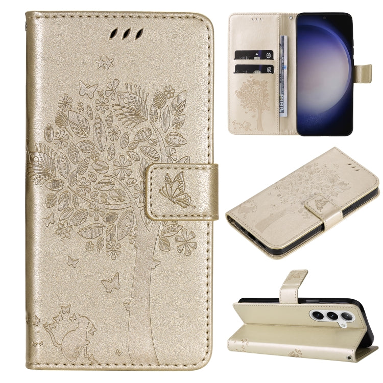 For Samsung Galaxy S25 / S24 5G Tree & Cat Embossed Pattern Flip Leather Phone Case(Gold) - Galaxy S25 5G Cases by buy2fix | Online Shopping UK | buy2fix