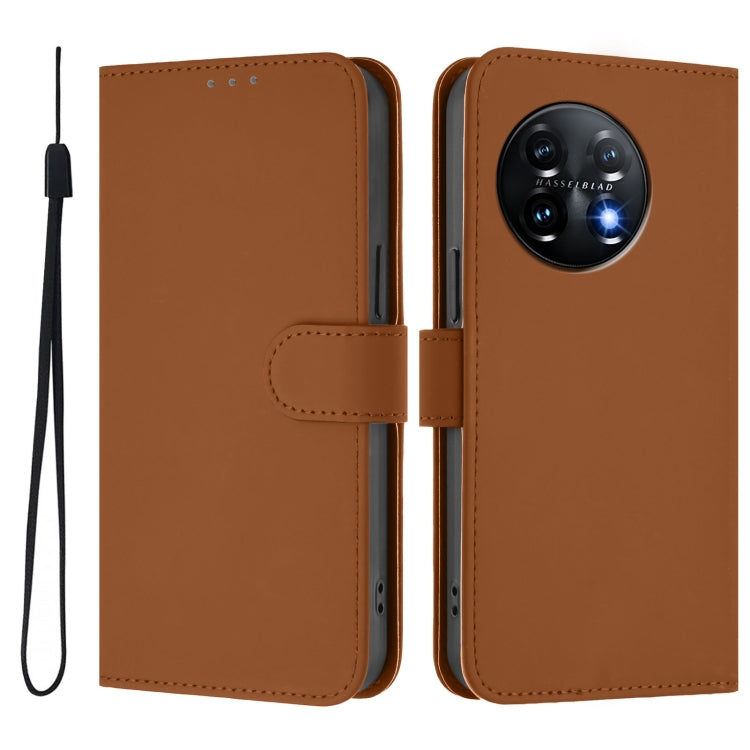 For OnePlus 11 Skin Feel Solid Color Leather Phone Case with Lanyard(Brown) - OnePlus Cases by buy2fix | Online Shopping UK | buy2fix