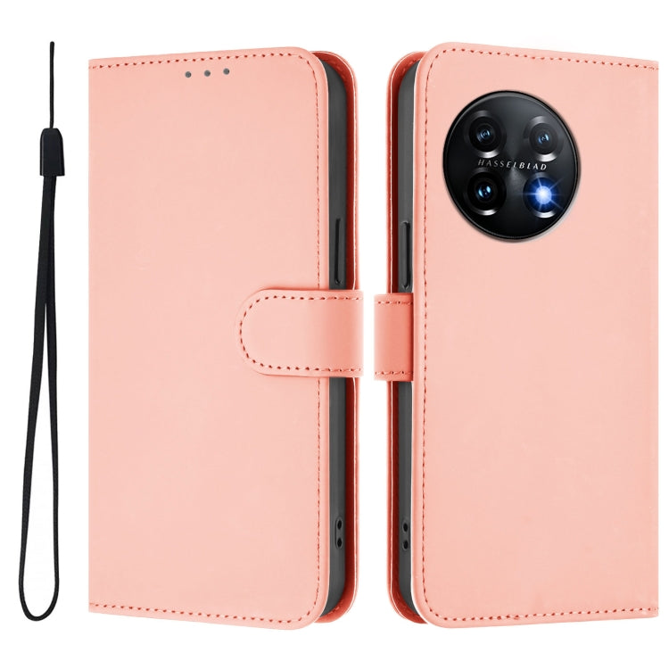 For OnePlus 11 Skin Feel Solid Color Leather Phone Case with Lanyard(Pink) - OnePlus Cases by buy2fix | Online Shopping UK | buy2fix