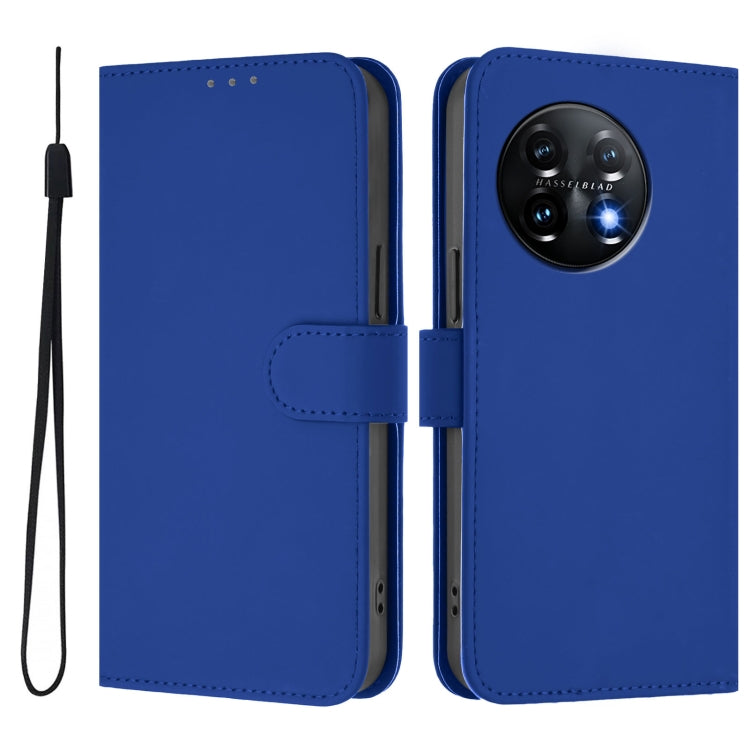 For OnePlus 11 Skin Feel Solid Color Leather Phone Case with Lanyard(Dark Blue) - OnePlus Cases by buy2fix | Online Shopping UK | buy2fix