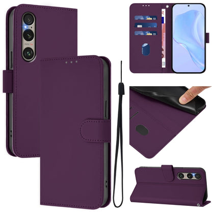 For Sony Xperia 1 VI 2024 Skin Feel Solid Color Leather Phone Case with Lanyard(Violet) - Sony Cases by buy2fix | Online Shopping UK | buy2fix