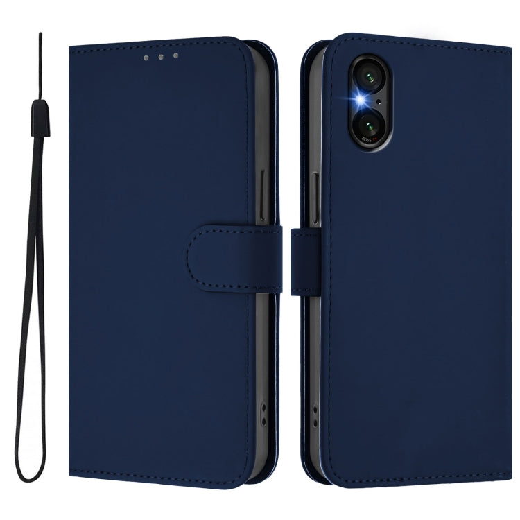 For Sony Xperia 5 VI 2024 Skin Feel Solid Color Leather Phone Case with Lanyard(Navy Blue) - Sony Cases by buy2fix | Online Shopping UK | buy2fix