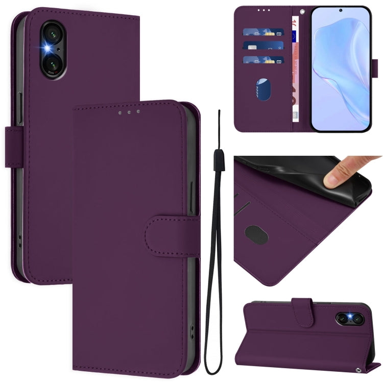 For Sony Xperia 5 VI 2024 Skin Feel Solid Color Leather Phone Case with Lanyard(Violet) - Sony Cases by buy2fix | Online Shopping UK | buy2fix