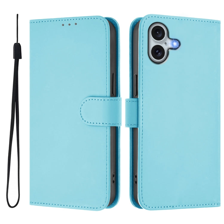 For iPhone 16 Plus Skin Feel Solid Color Leather Phone Case with Lanyard(Sky Blue) - iPhone 16 Plus Cases by buy2fix | Online Shopping UK | buy2fix