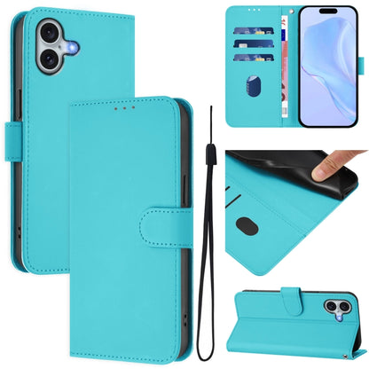 For iPhone 16 Plus Skin Feel Solid Color Leather Phone Case with Lanyard(Lake Blue) - iPhone 16 Plus Cases by buy2fix | Online Shopping UK | buy2fix