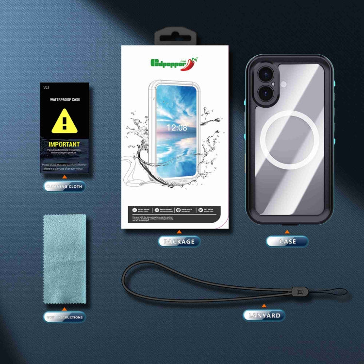 For iPhone 16 Plus RedPepper Transparent Dot IP68 Waterproof Triple-proof MagSafe Phone Case(Black Blue) - iPhone 16 Plus Cases by RedPepper | Online Shopping UK | buy2fix