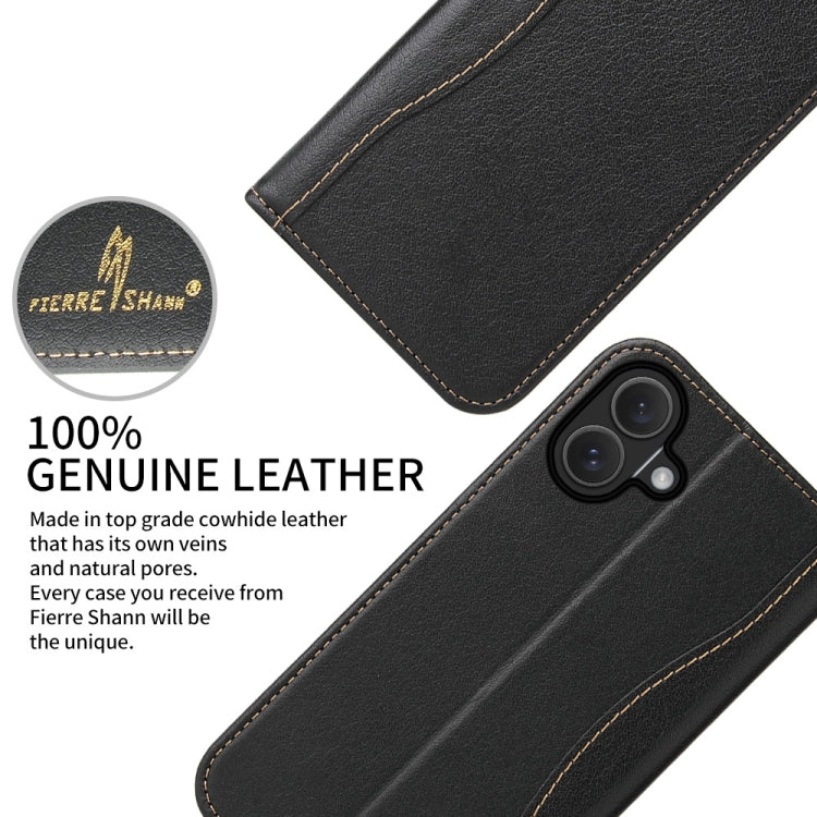 For iPhone 16 Fierre Shann Cowhide Leather Flip Leather Phone Case(Black) - iPhone 16 Cases by FIERRE SHANN | Online Shopping UK | buy2fix