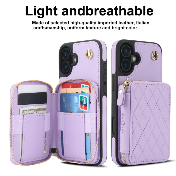 For iPhone 16 Plus AwQuer Crossbody Zipper Wallet Rhombic Leather Back Phone Case(Purple) - iPhone 16 Plus Cases by Awquer | Online Shopping UK | buy2fix