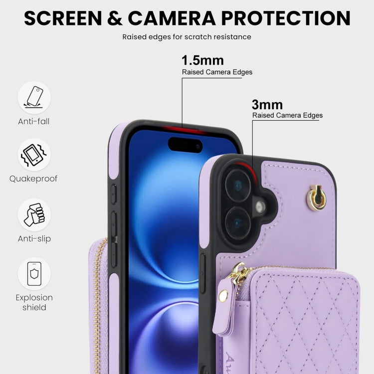 For iPhone 16 Plus AwQuer Crossbody Zipper Wallet Rhombic Leather Back Phone Case(Purple) - iPhone 16 Plus Cases by Awquer | Online Shopping UK | buy2fix