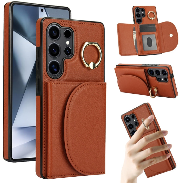 For Samsung Galaxy S25 Ultra 5G Ring Holder Card Bag Skin Feel Phone Case(Brown) - Galaxy S25 Ultra 5G Cases by buy2fix | Online Shopping UK | buy2fix