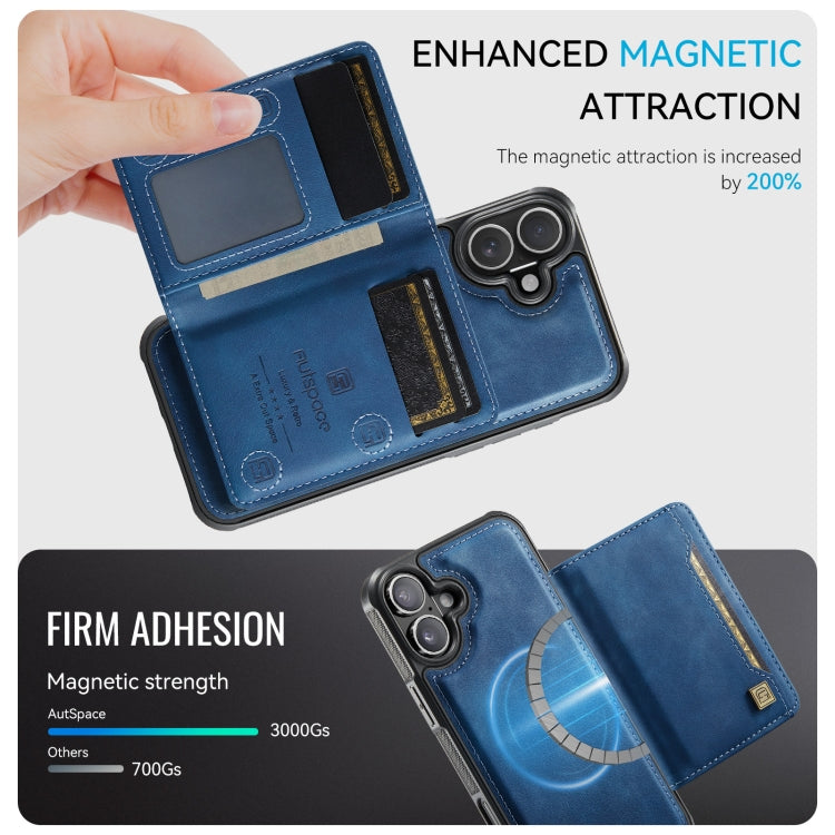 For iPhone 16 Plus AutSpace A13 MagSafe Magnetic RFID Flip Card Bag Phone Case(Blue) - iPhone 16 Plus Cases by AutSpace | Online Shopping UK | buy2fix