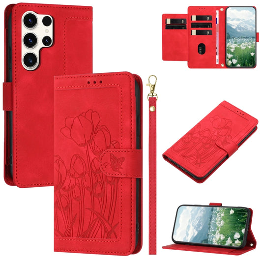 For Samsung Galaxy S25 Ultra 5G Tulips Embossed Leather Phone Case with Lanyard(Red) - Galaxy S25 Ultra 5G Cases by buy2fix | Online Shopping UK | buy2fix