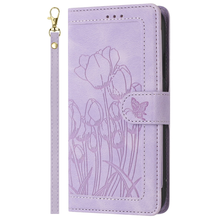 For Samsung Galaxy S25 5G Tulips Embossed Leather Phone Case with Lanyard(Purple) - Galaxy S25 5G Cases by buy2fix | Online Shopping UK | buy2fix