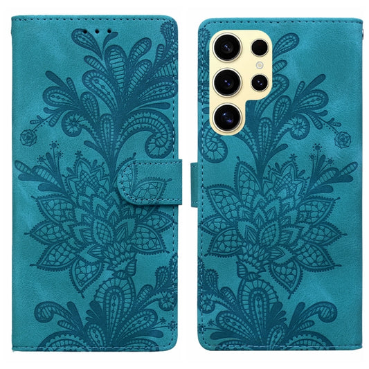 For Samsung Galaxy S25 Ultra 5G Lace Floral Embossed Magnetic Buckle PU Phone Case With Wrist Strap(Green) - Galaxy S25 Ultra 5G Cases by buy2fix | Online Shopping UK | buy2fix