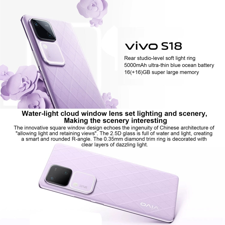 vivo S18, Dual Back Cameras, 12GB+256GB, Face ID Screen Fingerprint Identification, 6.78 inch Android 14.0 OriginOS 4 Snapdragon 7 Gen 3 Octa Core 2.63GHz, OTG, NFC, Network: 5G, Support Google Play (Purple) - vivo by vivo | Online Shopping UK | buy2fix