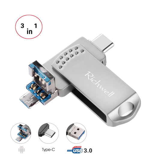 Richwell 3 in 1 32G Type-C + Micro USB + USB 3.0 Metal Flash Disk with OTG Function(Silver) - U Disk & Card Reader by Richwell | Online Shopping UK | buy2fix