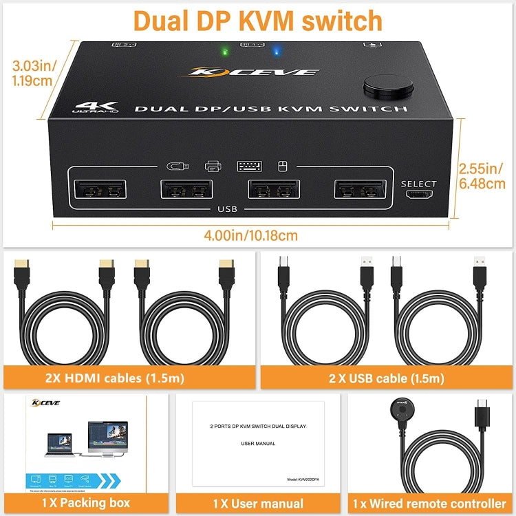 KC-KVM202DPA-USB2.0 DP 3DP+3DP KVM Switch (Black) - Switch by buy2fix | Online Shopping UK | buy2fix