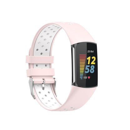 For Fitbit Charge 5 Double Color Metal Buckle Hole Silicone Watch Band(Pink White) - Watch Bands by buy2fix | Online Shopping UK | buy2fix