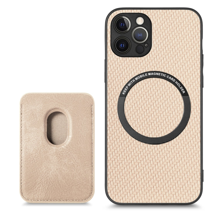 For iPhone 12 Pro Carbon Fiber Leather Card Magsafe Magnetic Phone Case(Khaki) - iPhone 12 / 12 Pro Cases by buy2fix | Online Shopping UK | buy2fix