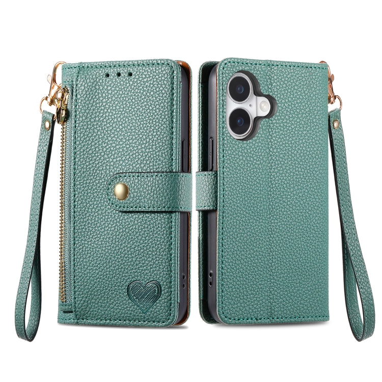 For iPhone 16 Pro Max Love Zipper Lanyard Leather Phone Case(Green) - iPhone 16 Pro Max Cases by buy2fix | Online Shopping UK | buy2fix