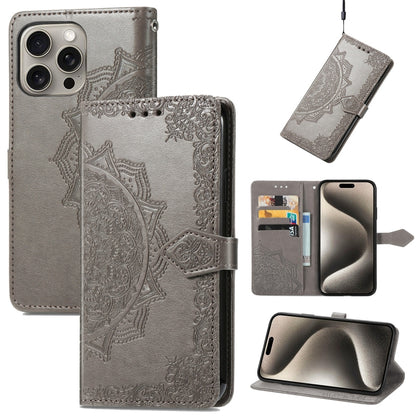 For iPhone 16 Pro Max Mandala Flower Embossed Leather Phone Case(Gray) - iPhone 16 Pro Max Cases by buy2fix | Online Shopping UK | buy2fix