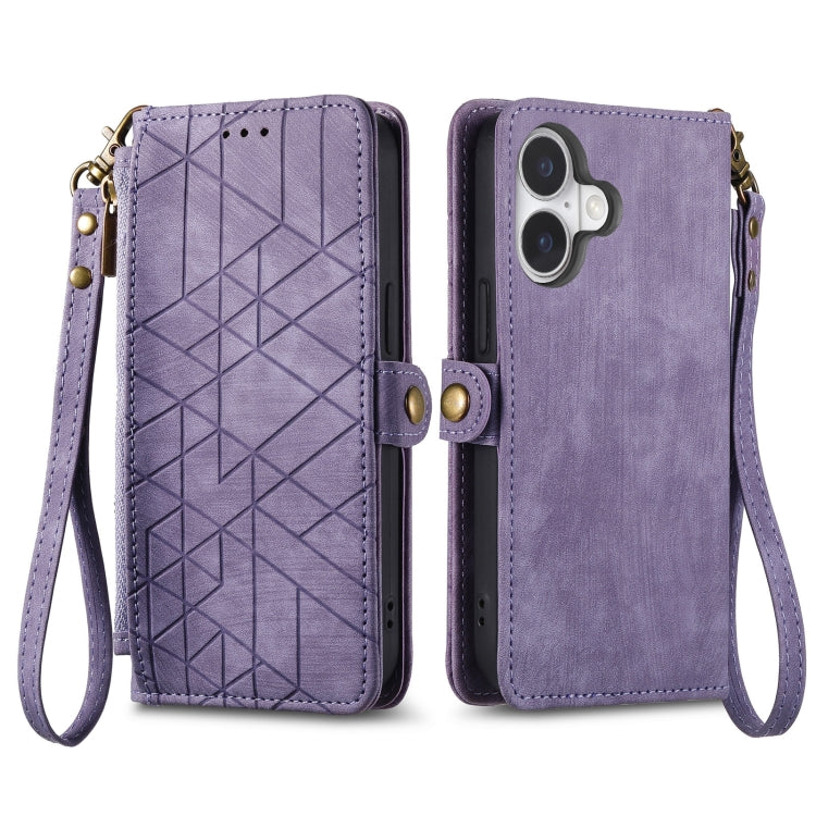 For iPhone 16 Plus Geometric Zipper Wallet Side Buckle Leather Phone Case(Purple) - iPhone 16 Plus Cases by buy2fix | Online Shopping UK | buy2fix