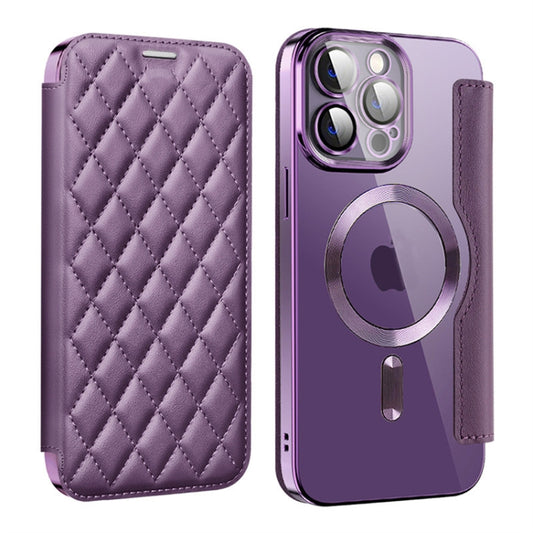 For iPhone 14 Pro Max Shield Magsafe RFID Anti-theft Rhombus Leather Phone Case(Purple) - iPhone 14 Pro Max Cases by buy2fix | Online Shopping UK | buy2fix