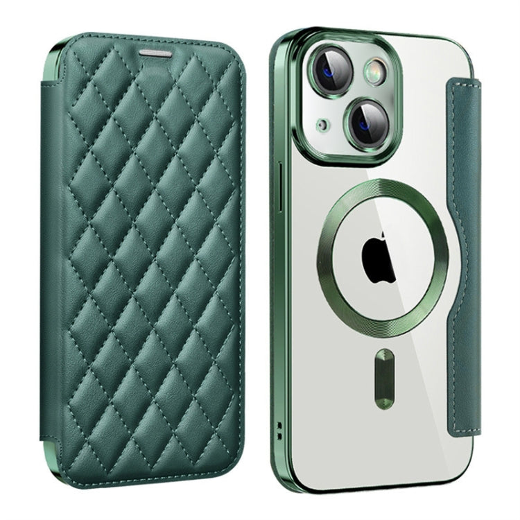 For iPhone 15 Plus Shield Magsafe RFID Anti-theft Rhombus Leather Phone Case(Green) - iPhone 15 Plus Cases by buy2fix | Online Shopping UK | buy2fix