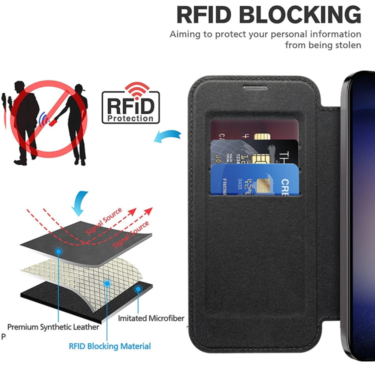 For Samsung Galaxy S25 5G Shield MagSafe RFID Anti-theft Rhombus Leather Phone Case(Black) - Galaxy S25 5G Cases by buy2fix | Online Shopping UK | buy2fix