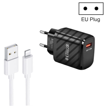 TE-005 QC3.0 18W USB Fast Charger with 1m 3A USB to 8 Pin Cable, EU Plug(Black) - USB Charger by buy2fix | Online Shopping UK | buy2fix